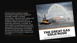 Petrochemicals are about to rapidly
becoming the largest driver of global oil
(including “wet gas” or ethane)
consumption – ahead of trucks, aviation and
shipping. Today, the chemical sector is
already the largest industrial consumer of
fossil fuels, accounting – as of 2018 - for
14% of global oil (including ethane) and 8%
of gas primary demand. The IEA expected in
late 2018 that cheap ethane consumption
will grow by 70% until 2030, in part due to
the expansion of US exports to regions such
as Europe.(Source: IEA, The Future of Petrochemicals)
Source picture: https://www.nature.com/articles/550026a.pdf?origin=ppub
 