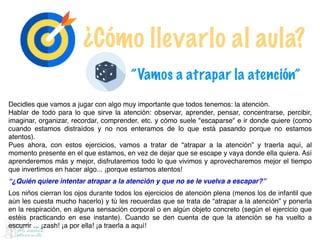 ”Vamos a atrapar la atención”
Decidles que vamos a jugar con algo muy importante que todos tenemos: la atención. 
Hablar de todo para lo que sirve la atención: observar, aprender, pensar, concentrarse, percibir,
imaginar, organizar, recordar, comprender, etc. y cómo suele "escaparse" e ir donde quiere (como
cuando estamos distraídos y no nos enteramos de lo que está pasando porque no estamos
atentos). 
Pues ahora, con estos ejercicios, vamos a tratar de “atrapar a la atención” y traerla aquí, al
momento presente en el que estamos, en vez de dejar que se escape y vaya donde ella quiera. Así
aprenderemos más y mejor, disfrutaremos todo lo que vivimos y aprovecharemos mejor el tiempo
que invertimos en hacer algo... ¡porque estamos atentos!
“¿Quién quiere intentar atrapar a la atención y que no se le vuelva a escapar?”
Los niños cierran los ojos durante todos los ejercicios de atención plena (menos los de infantil que
aún les cuesta mucho hacerlo) y tú les recuerdas que se trata de “atrapar a la atención” y ponerla
en la respiración, en alguna sensación corporal o en algún objeto concreto (según el ejercicio que
estéis practicando en ese instante). Cuando se den cuenta de que la atención se ha vuelto a
escurrir ... ¡zash! ¡a por ella! ¡a traerla a aquí!
¿Cómo llevarlo al aula?
 