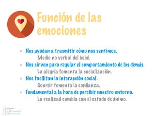 Función de las
emociones
Nos ayudan a trasmitir cómo nos sentimos.
Medio no verbal del bebé.
Nos sirven para regular el comportamiento de los demás.
La alegría fomenta la socialización.
Nos facilitan la interacción social.
Sonreír fomenta la conﬁanza.
Fundamental a la hora de percibir nuestro entorno.
La realizad cambia con el estado de ánimo.
 