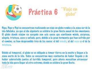 Práctica 6
“Viaje en
globo”
Pepa, Pepe y Pepi se encuentran realizando un viaje en globo rumbo a la zona sur de la
isla Malaka, ya que al día siguiente se celebra la gran ﬁesta anual de las emociones.
El globo donde viajan va cargado con seis sacos que contienen miedo, sorpresa,
alegría, tristeza, asco y enfado, pero, debido a la gran tormenta que han sufrido por
el camino, se han desprendido tres de los sacos: el del miedo, el del asco y el de la
tristeza.
Debido al temporal, el globo se ve obligado a tomar tierra en la noche y llegan a la
zona norte de la isla. Todos se encuentran muy contentos de haber llegado y de
haber sobrevivido juntos al terrible temporal, pero ahora necesitan atravesar
toda la isla para llegar al otro extremo, donde se celebra la gran ﬁesta.
 