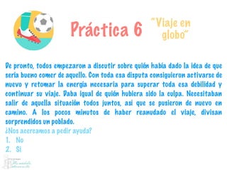 Práctica 6
“Viaje en
globo”
De pronto, todos empezaron a discutir sobre quién había dado la idea de que
sería bueno comer de aquello. Con toda esa disputa consiguieron activarse de
nuevo y retomar la energía necesaria para superar toda esa debilidad y
continuar su viaje. Daba igual de quién hubiera sido la culpa. Necesitaban
salir de aquella situación todos juntos, así que se pusieron de nuevo en
camino. A los pocos minutos de haber reanudado el viaje, divisan
sorprendidos un poblado.
¿Nos acercamos a pedir ayuda?
1. No
2. Si
 