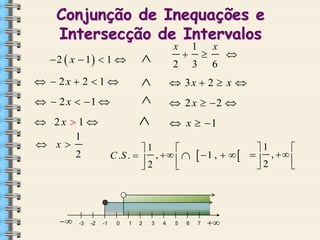 Conjunção de Inequações e
Intersecção de Intervalos
x 1 x
 

 2  x  1  1  
2 3 6
  2x  2  1 
  3x  2  x 
  2 x  2 
  2 x  1 



 2x  1 
1
 x
2



-3

-2

 x  1

1

,   
C .S .  
2


-1

0

1

2

3

4

5

6

 1 ,  

7



1

  ,  
2


 