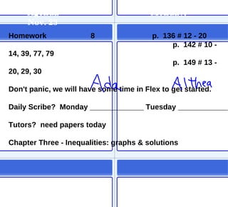 Agenda Monday, Nov. 23 Homework 8 p.  136 # 12 - 20 p.  142 # 10 - 14, 39, 77, 79 p.  149 # 13 - 20, 29, 30 Don't panic, we will have some time in Flex to get started. Daily Scribe?  Monday _____________ Tuesday ____________ Tutors?  need papers today Chapter Three - Inequalities: graphs & solutions 