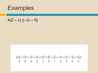 Examples4(2 – v) > -(v – 5) 