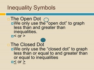 Inequality SymbolsThe Open DotWe only use the “open dot” to graph less than and greater than inequalities.< or >The Closed DotWe only use the “closed dot” to graph less than or equal to and greater than or equal to inequalities < or >