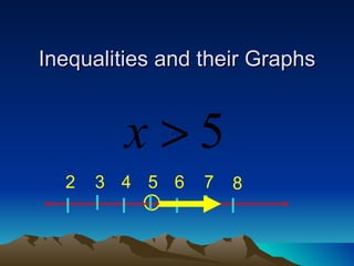 Inequalities and their Graphs


         x>5 x>5




  2   3 4 5 6      7   8
 