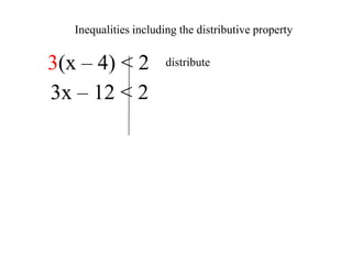 Inequalities including the distributive property

3(x – 4) < 2
3x – 12 < 2

distribute

 