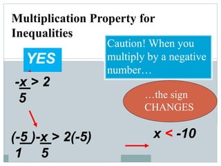 Multiplication Property for
Inequalities
Caution! When you
multiply by a negative
number…
…the sign
CHANGES
YES
!
-x > 2
5
(-5 )-x > 2(-5)
1 5
x < -10
 