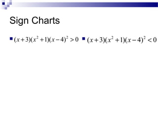 Sign Charts
2 2
( 3)( 1)( 4) 0x x x+ + − <2 2
( 3)( 1)( 4) 0x x x+ + − >