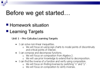Before we get started…
Homework situation
Learning Targets