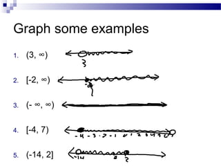 Graph some examples
1. (3, ∞)
2. [-2, ∞)
3. (- ∞, ∞)
4. [-4, 7)
5. (-14, 2]
 