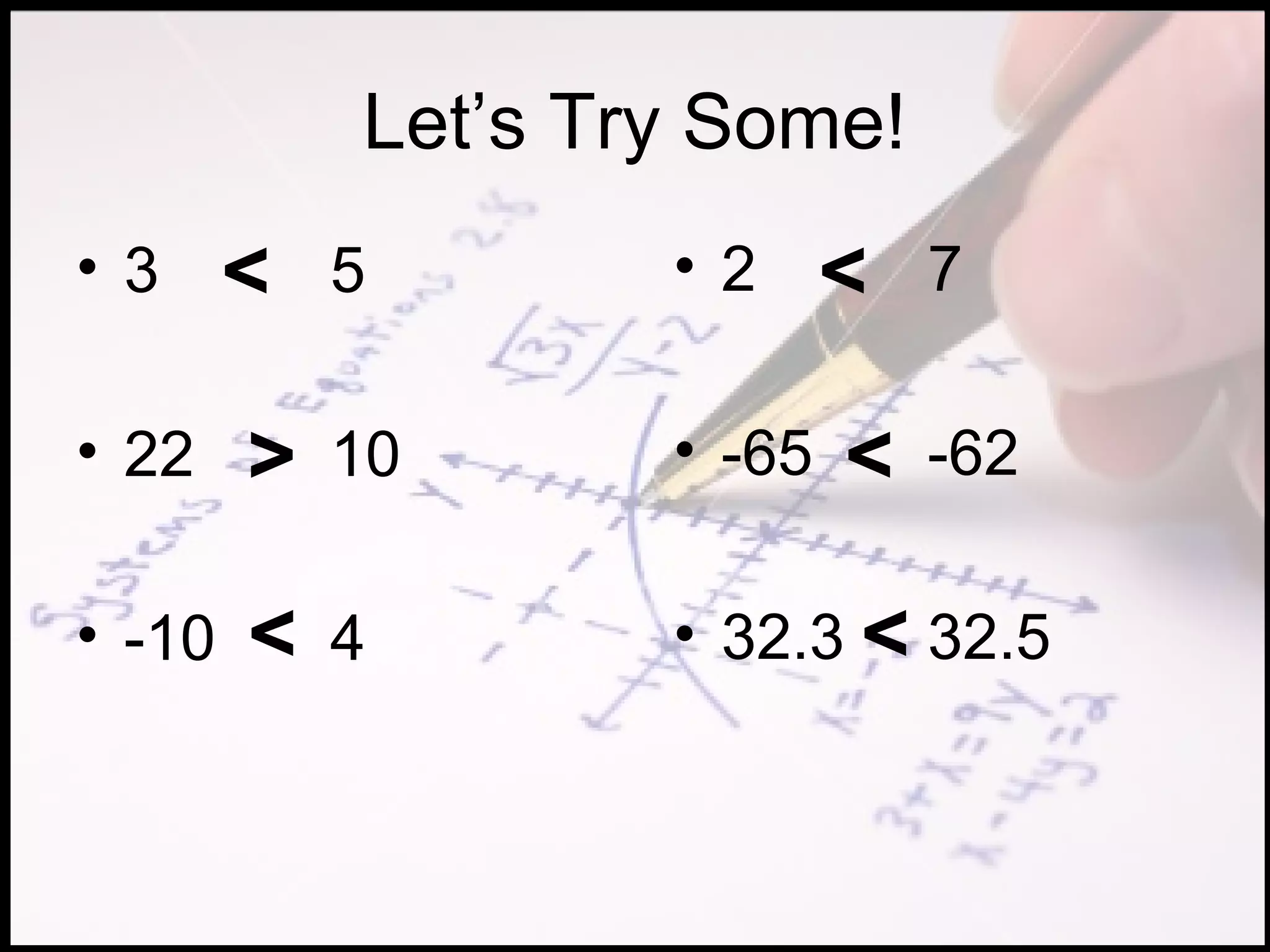 Let’s Try Some!
•3      <   5       •2      <   7

• 22    >   10      • -65   <   -62

• -10   <   4       • 32.3 < 32.5
 