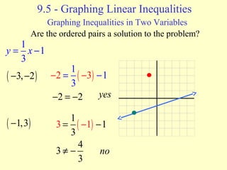 9.5 - Graphing Linear Inequalities 
Graphing Inequalities in Two Variables 
Are the ordered pairs a solution to the problem? 
1 1 
3 
y = x - 
( -3,-2) 
( -1,3) 
1 ( ) 1 
3 
-2 = -3 - 
yes 
3 = 1 ( - 1) - 
1 
no 
· 
· 
-2 = -2 
3 
3 4 
3 
¹ - 
 