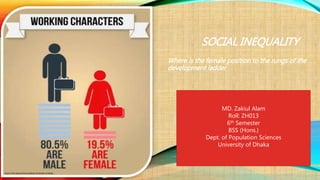 SOCIAL INEQUALITY 
Where is the female position to the rungs of the 
development ladder 
MD. Zakiul Alam 
Roll: ZH013 
6th Semester 
BSS (Hons.) 
Dept. of Population Sciences 
University of Dhaka 
 
