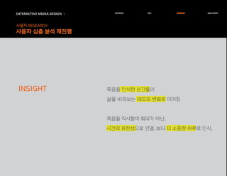 죽음을 인식한 순간들이
삶을 바라보는 태도의 변화로 이어짐
죽음을 직시함이 회의가 아닌,
시간의 유한성으로 연결, 보다 더 소중한 하루로 인식.
INSIGHT
INTERACTIVE MIDEA DESIGN Ⅰ
사용자 RESEARCH
사용자 심층 분석 재진행
RESEARCH IDEA PERSONA TASK MODEL
 