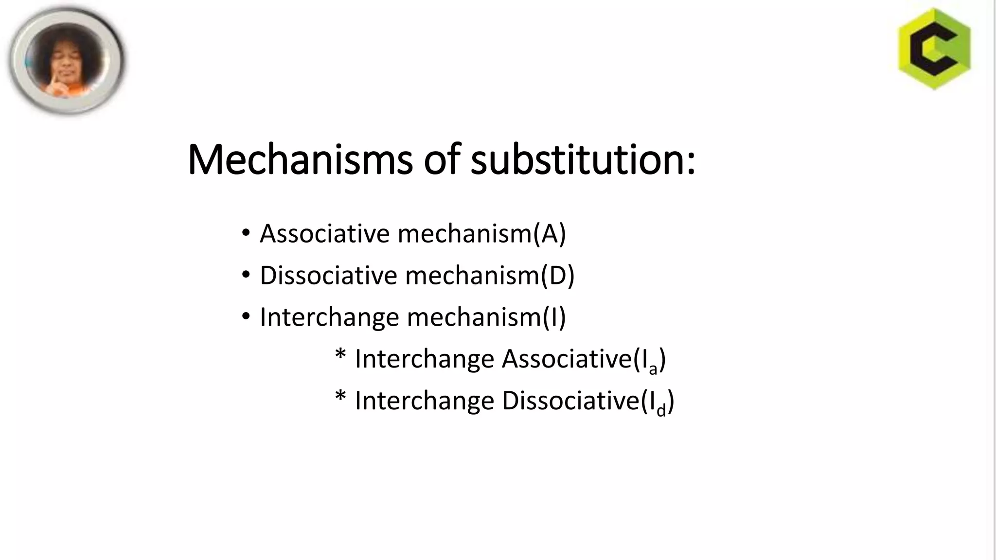 Mechanisms of substitution:
• Associative mechanism(A)
• Dissociative mechanism(D)
• Interchange mechanism(I)
* Interchange Associative(Ia)
* Interchange Dissociative(Id)
 