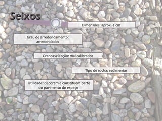 Seixos
                                   Dimensões: aprox. 4 cm


   Grau de arredondamento:
         arredondados


           Granosselecção: mal calibrados


                                     Tipo de rocha: sedimentar


   Utilidade: decoram e constituem parte
          do pavimento do espaço
 