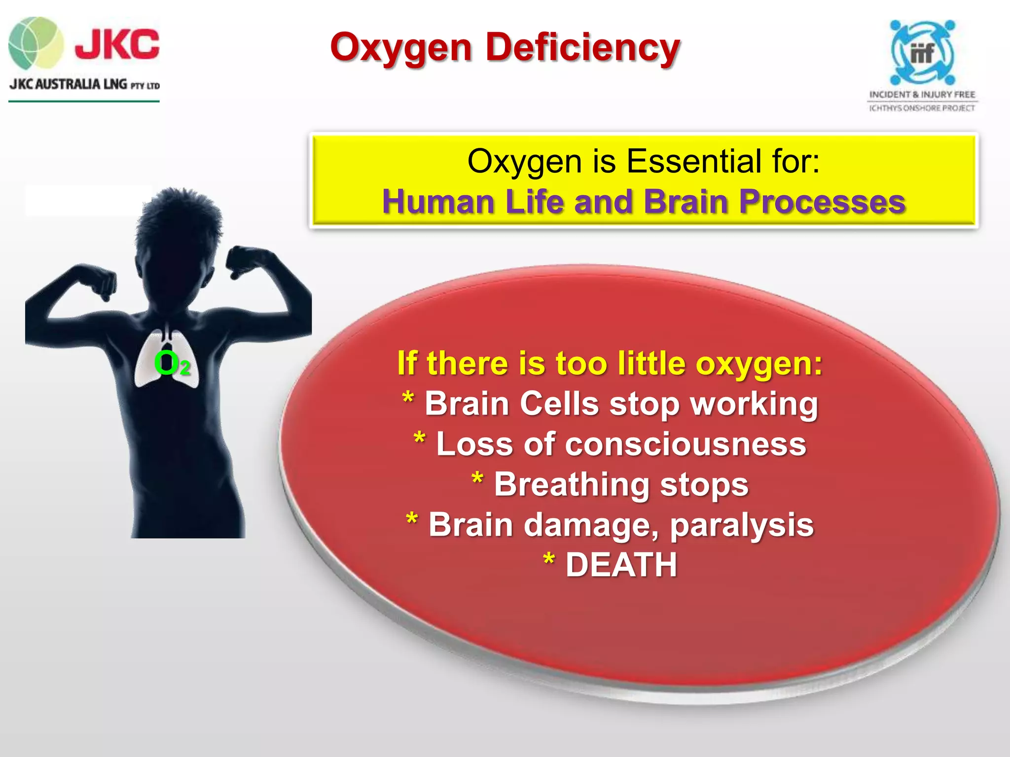 Oxygen Deficiency
Oxygen is Essential for:
Human Life and Brain Processes
O2 If there is too little oxygen:
* Brain Cells stop working
* Loss of consciousness
* Breathing stops
* Brain damage, paralysis
* DEATH
