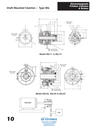 10
Shaft Mounted Clutches – Type BSL
Electromagnetic
Friction Clutches
& Brakes
Model BSL26, BSL30 & BSL42
Model BSL11 & BSL17
A
B
C
F
G
H
N
D
O
E
I
J
K
L
M
P
Q, R
(2) Set Screws
90° Apart
.005 Air Gap Set By
.020 Inertia Dynamics
Rotor Keyway
See Chart
A
B
C
D
E
F
G
H
I
J
K
L
N
O
P
Q, R
(2) Set Screws
90° Apart
.005 Air Gap Set By
.020 Inertia Dynamics
Rotor Keyway
See Chart
PRIME MOVER
LOAD
ELECTROMATE
Toll Free Phone (877) SERVO98
Toll Free Fax (877) SERV099
www.electromate.com
sales@electromate.com
Sold & Serviced By:
 