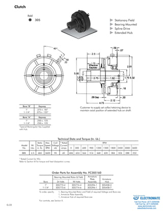 G-22 
Technical Data and Torque (In. Lb.) 
Static Max. Coil * Rated RPM 
 Stationary Field 
 Bearing Mounted 
 Spline Drive 
 Extended Hub 
Model Wt. Torque Speed Voltage Current 
No. Lbs. in. lb. RPM vdc amps 0 300 600 900 1200 1500 1800 2400 3000 3600 
305 4.5 684 3600 90 .40 684 624 564 516 468 420 384 324 288 252 
* Rated Current for 90v. 
Refer to Section M for torque and heat dissipation curves. 
B A 
Model 
 305 
Clutch 
Bore B Keyway 
1 .375 x .187 
1-1/4 .375 x .125* 
Bore A Keyway 
1 .250 x .125 
1-1/4 .250 x .125 
*Special Rectangular Key Supplied 
with Hub 
Customer to supply set collar/retaining device to 
maintain axial position of extended hub on shaft. 
Order Parts for Assembly No. FC305160 
Bearing Mounted Rotor  Field Armature 
Plate Armature 
Bore 24 Volts 90 Volts Assembly Hub 
1 305773-4 305774-4 305396-1 305458-3 
1-1/4 305773-6 305774-6 305396-1 305458-7 
To order, specify: 1, Bearing Mounted Rotor and Field of required Voltage and Bore size 
1, Armature Plate Assembly 
1, Armature Hub of required Bore size 
For controls, see Section K. 
Sold  Serviced By: 
ELECTROMATE 
Toll Free Phone (877) SERVO98 
Toll Free Fax (877) SERV099 
www.electromate.com 
sales@electromate.com 
 