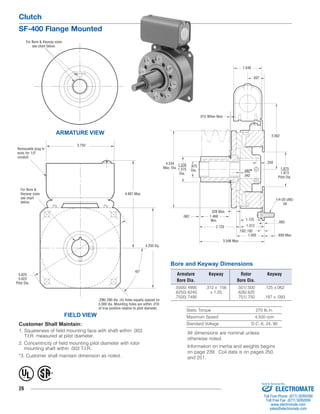 Clutch 
SF-400 Flange Mounted 
45° 
Customer Shall Maintain: 
1. Squareness of field mounting face with shaft within .003 
T.I.R. measured at pilot diameter. 
2. Concentricity of field mounting pilot diameter with rotor 
mounting shaft within .003 T.I.R. 
*3. Customer shall maintain dimension as noted. 
26 
1.546 
1.312 
Bore and Keyway Dimensions 
1/4-20 UNC- 
3A 
Armature Keyway Rotor Keyway 
Bore Dia. Bore Dia. 
.5000/.4995 .312 x .156 .501/.500 .125 x.062 
.6250/.6245 x 1.25 .626/.625 
.7500/.7495 .751/.750 .187 x .093 
Static Torque 270 lb.in. 
Maximum Speed 4,500 rpm 
Standard Voltage D.C. 6, 24, 90 
ARMATURE VIEW 
FIELD VIEW 
For Bore & Keyway sizes 
see chart below. 
Removable plug in 
ends for 1/2" 
conduit. 
.296/.280 dia. (4) holes equally spaced on 
5.000 dia. Mounting holes are within .010 
of true position relative to pilot diameter. 
5.625 
5.623 
Pilot Dia. 
4.250 Sq. 
3.750 
4.687 Max. 
1.875 
1.873 
Pilot Dia. 
4.234 
Max. Dia. 
1.376 
1.375 
Dia. 
.875 
Dia. 
.328 Max. 
1.500 
.015 When New 
.192/.182 
.093 
.250 
.062 1.468 
Min. 
2.125 
3.546 Max. 
1.125 
.609 Max. 
.082 
.042 
.937 
3.562 
For Bore & 
Keyway sizes 
see chart 
below. 
® U 
L 
* 
All dimensions are nominal unless 
otherwise noted. 
Information on inertia and weights begins 
on page 239. Coil data is on pages 250 
and 251. 
Sold & Serviced By: 
ELECTROMATE 
Toll Free Phone (877) SERVO98 
Toll Free Fax (877) SERV099 
www.electromate.com 
sales@electromate.com 
 