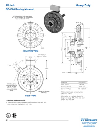 Clutch Heavy Duty 
SF-1000 Bearing Mounted 
.875 
.343 
.397/.388 dia. 3 holes 
(hub) equally spaced on 
3.187 dia. and within 
.003 of true position 
relation to 4.001/3.999 
50 
.437 
Shaft Size .500 – 2.000 
Static Torque 240 lb.ft. 
Maximum Speed 2,500 rpm 
Standard Voltage D.C. 6, 24, 90 
.397/.388 dia. 3 holes (hub) equally spaced 
on 3.187 dia. and within .003 of true position 
relation to 4.001/3.999 pilot dia. 
ARMATURE VIEW 
3.750 
FIELD VIEW 
2.562 
pilot dia. 
Removable plug in 
ends of 1/2" conduit. 
7.687 
See page 252 for details 
on Bushings. 
45° 
6.125 
Customer Shall Maintain: 
1. Armature hub pilot diameter to be concentric with field and 
rotor mounting shaft within .010 T.I.R. 
1.375 
1.250 
.843 Dia. 
.125 
1.375 
.187 
6.531 
3/8-16 
UNF-2A 
1.421 
.093 
Max. Length of 
Customer Pilot. 
4.281 
Max. 
.500 
.062 
2.062 
10.328 
Max. 
Dia. 
6.000 
Dia. 
4.001 
3.999 
Dia. 
2.562 
Dia. 
1.546 
All dimensions are nominal unless 
otherwise noted. 
Information on inertia and weights 
begins on page 239. Coil data is on 
pages 250 and 251. 
® U 
L 
Sold & Serviced By: 
ELECTROMATE 
Toll Free Phone (877) SERVO98 
Toll Free Fax (877) SERV099 
www.electromate.com 
sales@electromate.com 
 