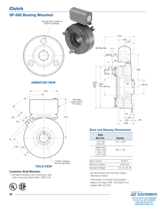 Clutch 
SF-500 Bearing Mounted 
30 
.187 
1.343 
1.593 
Bore and Keyway Dimensions 
Rotor 
Bore Dia. Keyway 
.751/.750 .187 x .093 
.876/.875 
.9385/.9375 
1.001/1.000 .250 x .125 
1.126/1.125 
1.251/1.250 
Static Torque 50 lb.ft. 
Maximum Speed 4,000 rpm 
Standard Voltage D.C. 6, 24, 90 
See page 230 for details on 
Drive Pin mountings. 
ARMATURE VIEW 
Customer Shall Maintain: 
1. Armature shafts to be concentric with 
rotor mounting shaft within .006 T.I.R. 
For Bore & Keyway 
sizes see chart below. 
FIELD VIEW 
.062 When New 
2.062 Dia. 
4.093 
1.234 
.625 
.453 
.968 Min. 
.281 
.125 
3.781 
1.546 
5.328 
Max. 
Dia. 
5.062 
Dia. 
2.093 
1.750 Dia. 
Removable 
plug in ends for 
1/2" conduit. 
45° 
.750 5.218 
.218 
3.156 2.781 
3.750 
® U 
L 
All dimensions are nominal unless 
otherwise noted. 
Information on inertia and weights 
begins on page 239. Coil data is on 
pages 250 and 251. 
Sold & Serviced By: 
ELECTROMATE 
Toll Free Phone (877) SERVO98 
Toll Free Fax (877) SERV099 
www.electromate.com 
sales@electromate.com 
 