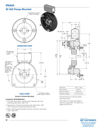 Clutch 
SF-650 Flange Mounted 
Customer Shall Maintain: 
1. Concentricity of field mounting pilot diameter with rotor 
mounting shaft within .006 T.I.R. 
2. Squareness of field mounting face with shaft within .006 
T.I.R. measured at field mounting bolt circle. 
3. Rotor mounting pilot diameter must be concentric with shaft 
within .006 T.I.R. 
32 
2.822/2.820 
Shaft Size .500 – 1.625 
Static Torque 95 lb.ft. 
Maximum Speed 3,600 rpm 
Standard Voltage D.C. 6, 24, 90 
See page 230 for details on 
Drive Pin mountings. 
ARMATURE VIEW 
FIELD VIEW 
(Inside & Outside Mounted) 
pilot 
dia. 
4.625 
4.375 Dia. 
.625 
Max. 
.578 
Max. 
.062 when new 
.656 
1 
5/16-18 
UNC-3A 
.453 
.968 
3.500 
1.546 
.937 
6.687 
Max. 
Dia. 
6.500 
Dia. 
1.812 
Removable plug 
in ends for 1/2" 
conduit. 
.358/.338 dia. (4) holes 
equally spaced on 7.250 dia.* 
45° 
3.750 
5.750 Max. 
.358/.338 dia. (4) 
holes equally 
spaced on 7.250 
dia.* 
Mounting holes 
are within .010 of 
true position 
relative to pilot 
diameter. 
6.500 
8.000 
7.998 
® U 
L 
All dimensions are nominal unless 
otherwise noted. 
Information on inertia and weights 
begins on page 239. Coil data is on 
pages 250 and 251. 
Sold & Serviced By: 
ELECTROMATE 
Toll Free Phone (877) SERVO98 
Toll Free Fax (877) SERV099 
www.electromate.com 
sales@electromate.com 
 