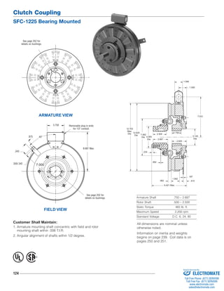 Clutch Coupling 
SFC-1225 Bearing Mounted 
124 
.187 
12.703 
Max. 
Dia. 7.062 
Armature Shaft .750 – 2.687 
Rotor Shaft .500 – 2.500 
Static Torque 465 lb. ft. 
Maximum Speed 2,200 rpm 
Standard Voltage D.C. 6, 24, 90 
ARMATURE VIEW 
FIELD VIEW 
Customer Shall Maintain: 
1. Armature mounting shaft concentric with field and rotor 
mounting shaft within .006 T.I.R. 
2. Angular alignment of shafts within 1/2 degree. 
7.531 
1.500 
1.546 
.234 
.062 
.562 
1.562 
.515 
12.625 
Dia. 
Dia. 4.093 
Dia. 
2.500 1.750 
3.125 
Dia. 
2.625 
2.687 
6.421 Max. 
Removable plug in ends 
for 1/2" conduit. 
8.687 Max. 
.343 
.875 
.350/.342 
45° 
7.000 
3.750 
See page 252 for 
details on bushings. 
See page 252 for 
details on bushings. 
® U 
L 
All dimensions are nominal unless 
otherwise noted. 
Information on inertia and weights 
begins on page 239. Coil data is on 
pages 250 and 251. 
Sold & Serviced By: 
ELECTROMATE 
Toll Free Phone (877) SERVO98 
Toll Free Fax (877) SERV099 
www.electromate.com 
sales@electromate.com 
 