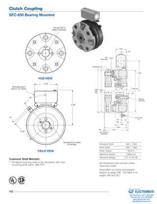 Clutch Coupling 
SFC-650 Bearing Mounted 
See page 252 for 
details on Bushings. 
When New 
6.687 1.750 
Max. 
Dia. 
1.00 1.250 
1.781 
Armature Shaft .500 – 1.625 
Rotor Shaft .500 – 1.500 
Static Torque 95 lb.ft. 
Maximum Speed 3,600 rpm 
Standard Voltage D.C. 6, 24, 90 Customer Shall Maintain: 
1. Armature mounting shaft to be concentric with rotor 
mounting shaft within .006 T.I.R. 
112 
HUB VIEW 
FIELD VIEW 
45° 
5.750 
Removable plug in 
ends for 1/2" conduit. 
.312 
3.750 
3.750 
See page 252 for details 
on Bushings. 
.156 
.421 
.765 
.062 
4.625 
6.359 Dia. 
.937 
.062 
1/4-20 UNC- 
2A 
Reversible Hub 
Min. Running 
Clearance 
3.625 
3.500 
6.500 
Dia. 
1.546 
Reverse 
Mounting 
® U 
L 
All dimensions are nominal unless 
otherwise noted. 
Information on inertia and weights 
begins on page 239. Coil data is on 
pages 250 and 251. 
Sold & Serviced By: 
ELECTROMATE 
Toll Free Phone (877) SERVO98 
Toll Free Fax (877) SERV099 
www.electromate.com 
sales@electromate.com 
 