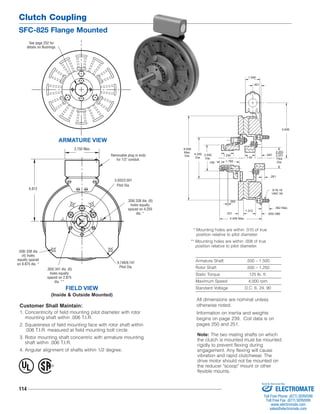 Clutch Coupling 
SFC-825 Flange Mounted 
Removable plug in ends 
Customer Shall Maintain: 
1. Concentricity of field mounting pilot diameter with rotor 
mounting shaft within .006 T.I.R. 
2. Squareness of field mounting face with rotor shaft within 
.006 T.I.R. measured at field mounting bolt circle. 
3. Rotor mounting shaft concentric with armature mounting 
shaft within .006 T.I.R. 
4. Angular alignment of shafts wtihin 1/2 degree. 
114 
1.546 
1.765 
* Mounting holes are within .010 of true 
position relative to pilot diameter. 
** Mounting holes are within .008 of true 
position relative to pilot diameter. 
Armature Shaft .500 – 1.500 
Rotor Shaft .500 – 1.250 
Static Torque 125 lb. ft. 
Maximum Speed 4,000 rpm 
Standard Voltage D.C. 6, 24, 90 
See page 252 for 
details on Bushings. 
ARMATURE VIEW 
FIELD VIEW 
(Inside & Outside Mounted) 
for 1/2" conduit. 
3.503/3.501 
Pilot Dia. 
3.750 Max. 
6.812 
.358/.338 dia. (6) 
holes equally 
spaced on 4.250 
dia. * 
.358/.338 dia. 
(4) holes 
equally spaced 
on 8.875 dia. * 9.749/9.747 
.350/.341 dia. (6) Pilot Dia. 
holes equally 
spaced on 2.875 
dia. ** 
.281 
1.250 
.562 Max. 
.602/.586 
5.656 
.687 
.156 
.062 
.531 
1.312 
.921 
5/16-18 
UNC-3A 
8.656 
Max. 
Dia. 4.250 
Dia. 
2.500 
Dia. 1.00 
2.253 
2.251 
Pilot 
Dia. 
4.406 Max. 
® U 
L 
All dimensions are nominal unless 
otherwise noted. 
Information on inertia and weights 
begins on page 239. Coil data is on 
pages 250 and 251. 
Note: The two mating shafts on which 
the clutch is mounted must be mounted 
rigidly to prevent flexing during 
engagement. Any flexing will cause 
vibration and rapid clutchwear. The 
drive motor should not be mounted on 
the reducer "scoop" mount or other 
flexible mounts. 
Sold & Serviced By: 
ELECTROMATE 
Toll Free Phone (877) SERVO98 
Toll Free Fax (877) SERV099 
www.electromate.com 
sales@electromate.com 
 