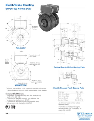 Clutch/Brake Coupling 
SFPBC-500 Normal Duty 
.218 
.750 
3.156 2.781 
See page 
252 for 
details on 
Bushings. 
208 
.390 3.953 
1.093 
1.031 
2.031 
1.500 
.062 
When 
New 
2.093 
1.234 
1.343 
1.546 
1.468 
1.546 
1.281 
2.687 
8-32 UNC-3A 
5.375 
Shaft Size .750 – 1.250 
Static Torque Clutch 50 lb. ft. 
Static Torque Brake 40 lb. ft. 
Maximum Speed 4,000 rpm 
Standard Voltage D.C. 6, 24, 90 
3.750 
FIELD VIEW 
3.750 
6.500/6.498 Pilot Dia. 
MAGNET VIEW 
See page 252 
for details on 
Bushings. 
5.218 
Removable plug in ends 
for 1/2" conduit. 
.208/.201 dia. (8) holes 
equally spaced on 2.375 
dia.* 
.399/.389 dia. (4) holes 
equally spaced on 5.875 
dia.** 
45° 
5.062 
5 
45° 
Customer Shall Maintain: 
1. Squareness of brake mounting face with armature hub 
shaft within .006 T.I.R. 
2. Concentricity of brake mounting pilot diameter with 
armature hub shaft within .010 T.I.R. 
3. Concentricity of clutch magnet hub assembly shaft 
with armature hub shaft within .006 T.I.R. 
.953 
1.125 .468 
5.296 
1.390 
1.750 
Min. 
Flat 
.187 
4.093 
2.065 
2.063 
Pilot 
Dia. 
5.062 
1.187 
.062 
.125 
.281 
3/8-16 UNC- 
2A 
1.593 
5.453 
.515 
5.328 
Dia. 
2.062 
Dia. 
Outside Mounted Offset Backing Plate 
* Mounting holes are within .010 of true position relative to pilot diameter. 
** Mounting holes are within .008 of true position relative to pilot diameter. 
Outside Mounted Flush Backing Plate 
® U 
L 
All dimensions are nominal unless 
otherwise noted. 
Information on inertia and weights 
begins on page 239. Coil data is on 
pages 250 and 251. 
Sold & Serviced By: 
ELECTROMATE 
Toll Free Phone (877) SERVO98 
Toll Free Fax (877) SERV099 
www.electromate.com 
sales@electromate.com 
 
