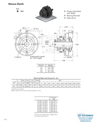 D-2 
Bore "A" Keyway 
1/2" .125 x .062 
5/8" .187 x .094 
3/4" .187 x .094 
7/8" .187 x .094 
Technical Data and Torque (In. Lb.) 
Sheave Clutch 
Static Max. Coil * Rated RPM 
Model Wt. Torque Speed Voltage Current 
No. Lbs. in. lb. RPM vdc amps 0 300 600 900 1200 1500 1800 2400 3000 3600 
304 5.3 264 3600 90 .13 264 216 192 180 168 156 156 144 132 120 
* Rated Current for 90v. 
Refer to Section M for torque and heat dissipation curves. 
Model No. 
304 
24 Volts, 1/2" Bore 304140-9 
24 Volts, 5/8" Bore 304140-10 
24 Volts, 3/4" Bore 304140-11 
24 Volts, 7/8" Bore 304140-12 
90 Volts, 1/2" Bore 304140-13 
90 Volts, 5/8" Bore 304140-14 
90 Volts, 3/4" Bore 304140-15 
90 Volts, 7/8" Bore 304140-16 
To order, use number shown in Table above. 
For controls, see Section K. 
° 
 Factory Assembled 
and Tested 
 Bearing Mounted 
 Spline Drive 
Model 
 304 
Sold  Serviced By: 
ELECTROMATE 
Toll Free Phone (877) SERVO98 
Toll Free Fax (877) SERV099 
www.electromate.com 
sales@electromate.com 
 