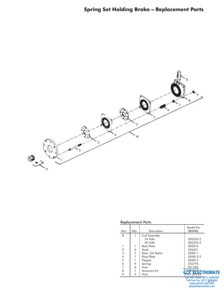 F-11
A
1
2
Spring Set Holding Brake – Replacement Parts
3
3
4 M
5
6
7
B
9
8
Replacement Parts
Model No.
Item Qty. Description 305HQ
B 1 Coil Assembly
24 Volts 305333-2
90 Volts 305334-2
1 1 Back Plate 305810
2 4 Studs 326631
3 2 Rotor (24 Teeth) 305811
4 1 Float Plate 305812-2
5 1 Flapper 305812
6 4 Springs 326795
7 4 Nuts DY-358
Sold Serviced By:
8 1 Accessory Kit 326146-1
9 4 Nuts RY-20135
ELECTROMATE
Toll Free Phone (877) SERVO98
Toll Free Fax (877) SERV099
www.electromate.com
sales@electromate.com