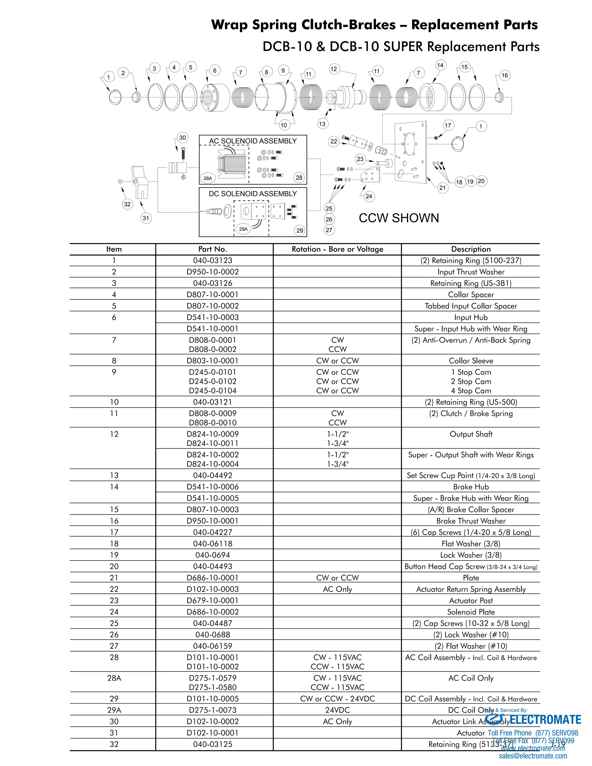 J-19 
Wrap Spring Clutch-Brakes – Replacement Parts 
DCB-10 & DCB-10 SUPER Replacement Parts 
5 15 
CCW SHOWN 
1 
2 
3 4 6 7 8 9 
10 
11 
12 
13 
11 7 
14 
16 
17 1 
21 
18 19 20 
24 
23 
22 
AC SOLENOID ASSEMBLY 
28 
29A 29 
32 
31 
30 
25 
26 
27 
28A 
DC SOLENOID ASSEMBLY 
Item Part No. Rotation - Bore or Voltage Description 
1 040-03123 (2) Retaining Ring (5100-237) 
2 D950-10-0002 Input Thrust Washer 
3 040-03126 Retaining Ring (US-381) 
4 D807-10-0001 Collar Spacer 
5 D807-10-0002 Tabbed Input Collar Spacer 
6 D541-10-0003 Input Hub 
D541-10-0001 Super - Input Hub with Wear Ring 
7 D808-0-0001 CW (2) Anti-Overrun / Anti-Back Spring 
D808-0-0002 CCW 
8 D803-10-0001 CW or CCW Collar Sleeve 
9 D245-0-0101 CW or CCW 1 Stop Cam 
D245-0-0102 CW or CCW 2 Stop Cam 
D245-0-0104 CW or CCW 4 Stop Cam 
10 040-03121 (2) Retaining Ring (US-500) 
11 D808-0-0009 CW (2) Clutch / Brake Spring 
D808-0-0010 CCW 
12 D824-10-0009 1-1/2" Output Shaft 
D824-10-0011 1-3/4" 
D824-10-0002 1-1/2" Super - Output Shaft with Wear Rings 
D824-10-0004 1-3/4" 
13 040-04492 Set Screw Cup Point (1/4-20 x 3/8 Long) 
14 D541-10-0006 Brake Hub 
D541-10-0005 Super - Brake Hub with Wear Ring 
15 D807-10-0003 (A/R) Brake Collar Spacer 
16 D950-10-0001 Brake Thrust Washer 
17 040-04227 (6) Cap Screws (1/4-20 x 5/8 Long) 
18 040-06118 Flat Washer (3/8) 
19 040-0694 Lock Washer (3/8) 
20 040-04493 Button Head Cap Screw (3/8-24 x 3/4 Long) 
21 D686-10-0001 CW or CCW Plate 
22 D102-10-0003 AC Only Actuator Return Spring Assembly 
23 D679-10-0001 Actuator Post 
24 D686-10-0002 Solenoid Plate 
25 040-04487 (2) Cap Screws (10-32 x 5/8 Long) 
26 040-0688 (2) Lock Washer (#10) 
27 040-06159 (2) Flat Washer (#10) 
28 D101-10-0001 CW - 115VAC AC Coil Assembly - Incl. Coil & Hardware 
D101-10-0002 CCW - 115VAC 
28A D275-1-0579 CW - 115VAC AC Coil Only 
D275-1-0580 CCW - 115VAC 
29 D101-10-0005 CW or CCW - 24VDC DC Coil Assembly - Incl. Coil & Hardware 
29A D275-1-0073 24VDC DC Coil Only 
Sold & Serviced By: 
30 D102-10-0002 AC Only Actuator Link Assembly 
31 D102-10-0001 Actuator 
32 040-03125 Retaining Ring (5133-37) 
ELECTROMATE 
Toll Free Phone (877) SERVO98 
Toll Free Fax (877) SERV099 
www.electromate.com 
sales@electromate.com 
