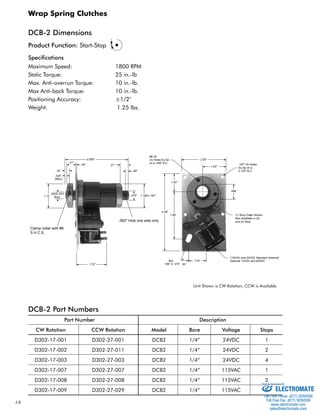 J-DCB- 
Wrap Spring Clutches 
2 Dimensions 
Product Function: Start-Stop 
Clamp collar with #8 
S.H.C.S. 
DCB-2 Part Numbers 
.09" 
.062" Hole one side only 
2.500" 
.375" 1.189/1.187" 
.21" 
.41" 
.16" 
.020" 
1.12 
.2505/.253" 
Bore 
1.70" 
2.00" 
1.00" 
1.00" 
3.39" 
115VAC and 24VDC Standard Solenoid 
.710" Optional 12VDC and 90VDC 
1.95" 
Slot 
.198" X .375" 
.187" (4) Holes 
Eq Sp on a 
2.125" B.C. 
#6-32 
(3) Holes Eq Sp 
on a .938" B.C. 
.406" 
Unit Shown is CW Rotation, CCW is Available 
Specifications 
Maximum Speed: 1800 RPM 
Static Torque: 25 in.-lb 
Max. Anti-overrun Torque: 10 in.-lb. 
Max Anti-back Torque: 10 in.-lb. 
Positioning Accuracy: ±1/2° 
Weight: 1.25 lbs. 
Part Number Description 
CW Rotation CCW Rotation Model Bore Voltage Stops 
D302-17-001 D302-27-001 DCB2 1/4” 24VDC 1 
D302-17-002 D302-27-011 DCB2 1/4” 24VDC 2 
D302-17-003 D302-27-003 DCB2 1/4” 24VDC 4 
D302-17-007 D302-27-007 DCB2 1/4” 115VAC 1 
D302-17-008 D302-27-008 DCB2 1/4” 115VAC 2 
D302-17-009 D302-27-029 DCB2 1/4” 115VAC 4 
Sold & Serviced By: 
ELECTROMATE 
Toll Free Phone (877) SERVO98 
Toll Free Fax (877) SERV099 
www.electromate.com 
sales@electromate.com 
 