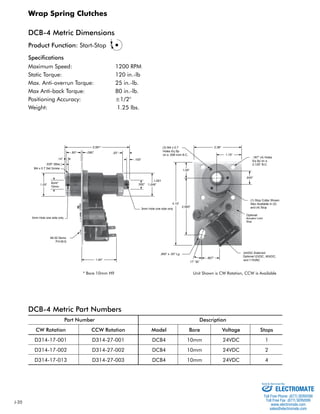 J-20 
Wrap Spring Clutches 
DCB-4 Metric Dimensions 
(3) M4 x 0.7 
Product Function: Start-Stop 
J Optional 
* Bore 10mm H9 
DCB-4 Metric Part Numbers 
Optional 
inch B.C. 
Bore* 
10mm 
3mm Hole one side only 
3mm Hole one side only 
.500" 
.035" (Max.) 
M4 x 0.7 Set Screw 
Unit Shown is CW Rotation, CCW is Available 
Specifications 
Maximum Speed: 1200 RPM 
Static Torque: 120 in.-lb 
Max. Anti-overrun Torque: 25 in.-lb. 
Max Anti-back Torque: 80 in.-lb. 
Positioning Accuracy: ±1/2° 
Weight: 1.25 lbs. 
Part Number Description 
CW Rotation CCW Rotation Model Bore Voltage Stops 
D314-17-001 D314-27-001 DCB4 10mm 24VDC 1 
D314-17-002 D314-27-002 DCB4 10mm 24VDC 2 
D314-17-013 D314-27-003 DCB4 10mm 24VDC 4 
Sold & Serviced By: 
ELECTROMATE 
Toll Free Phone (877) SERVO98 
Toll Free Fax (877) SERV099 
www.electromate.com 
sales@electromate.com 
 