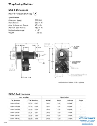 J-10 
Wrap Spring Clutches 
DCB-5 Dimensions 
Specifications 
Maximum Speed: 750 RPM 
Static Torque: 250 in.-lb 
Max. Anti-overrun Torque: 45 in.-lb. 
Max Anti-back Torque: 160 in.-lb. 
Positioning Accuracy: ±1/2° 
Weight: 1.75 lbs. 
DCB-5 Part Numbers 
Optional 
Actuator Limit Stop 
115 VAC and 24 VDC Standard Solenoid 
Optional 12 VDC and 90 VDC 
Unit Shown is CW Rotation, CCW is Available 
Unit Shown is CW Rotation, CCW is Available 
Product Function: Start-Stop 
Part Number Description 
CW Rotation CCW Rotation Model Bore Voltage Stops 
D305-17-007 D305-27-007 DCB5 1/2” 115VAC 1 
D305-17-008 D305-27-008 DCB5 1/2” 115VAC 2 
D305-17-009 D305-27-009 DCB5 1/2” 115VAC 4 
D305-17-001 D305-27-001 DCB5 1/2” 24VDC 1 
D305-17-002 D305-27-002 DCB5 1/2” 24VDC 2 
D305-17-003 D305-27-003 DCB5 1/2” 24VDC 4 
Sold  Serviced By: 
ELECTROMATE 
Toll Free Phone (877) SERVO98 
Toll Free Fax (877) SERV099 
www.electromate.com 
sales@electromate.com 
 