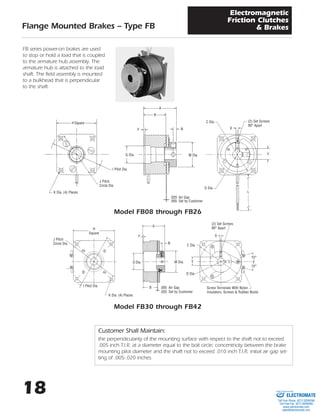 18
Flange Mounted Brakes – Type FB
Electromagnetic
Friction Clutches
& Brakes
FB series power-on brakes are used
to stop or hold a load that is coupled
to the armature hub assembly. The
armature hub is attached to the load
shaft. The field assembly is mounted
to a bulkhead that is perpendicular
to the shaft.
Model FB08 through FB26
Model FB30 through FB42
H Square
I Pilot Dia.
J Pitch
Circle Dia.
K Dia. (4) Places
A
NF
B
G Dia. M Dia.
.020 Air Gap
.005 Set by Customer
C Dia.
D Dia.
(2) Set Screws
90° Apart
X
Y
L
H
Square
J Pitch
Circle Dia.
I Pilot Dia.
K Dia. (4) Places
A
F
N
B
M Dia.
.005 Air Gap
.020 Set by Customer
G Dia.
(2) Set Screws
90° Apart
Screw Terminals With Nylon
Insulators, Screws & Rubber Boots
X
C Dia.
Y
D Dia.
15°
15°
Customer Shall Maintain:
the perpendicularity of the mounting surface with respect to the shaft not to exceed
.005 inch T.I.R. at a diameter equal to the bolt circle; concentricity between the brake
mounting pilot diameter and the shaft not to exceed .010 inch T.I.R; initial air gap set-
ting of .005-.020 inches.
ELECTROMATE
Toll Free Phone (877) SERVO98
Toll Free Fax (877) SERV099
www.electromate.com
sales@electromate.com
Sold & Serviced By:
 