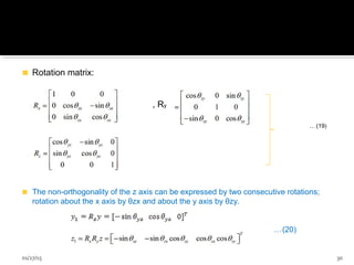 Rotation matrix:
, Ry
…(19)
The non-orthogonality of the z axis can be expressed by two consecutive rotations;
rotation about the x axis by θzx and about the y axis by θzy.
…(20)
01/27/15 30
 