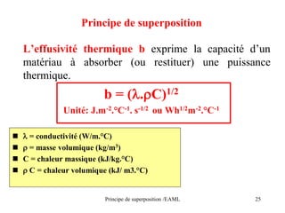 Principe de superposition /EAML 25
L’effusivité thermique b exprime la capacité d’un
matériau à absorber (ou restituer) une puissance
thermique.
b = (l.rC)1/2
Unité: J.m-2.°C-1. s-1/2 ou Wh1/2m-2.°C-1
 l = conductivité (W/m.°C)
 r = masse volumique (kg/m3)
 C = chaleur massique (kJ/kg.°C)
 r C = chaleur volumique (kJ/ m3.°C)
Principe de superposition
 