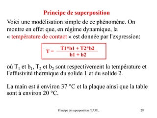 Principe de superposition /EAML 29
Principe de superposition
T1*b1 + T2*b2
b1 + b2
T =
Voici une modélisation simple de ce phénomène. On
montre en effet que, en régime dynamique, la
« température de contact » est donnée par l'expression:
où T1 et b1, T2 et b2 sont respectivement la température et
l'effusivité thermique du solide 1 et du solide 2.
La main est à environ 37 °C et la plaque ainsi que la table
sont à environ 20 °C.
 