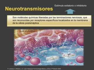Estímulo exitatorio o inhibitorio




        Son moléculas químicas liberadas por las terminaciones nerviosas, que
        son reconocidas por receptores específicos localizados en la membrana
        de la célula postsináptica




P, Lorenzo, A, Moreno, J.C. Leza Velazquez Farmacologia Basica y clinica 17ª Edición 2005
 