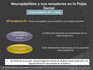 Neuropéptidos y sus receptores en la Pulpa
                                 Dental
                                                  TAQUICININAS (SP y NKA)


      SP (sustancia P)                             Primer neuropéptido que se identifico en los tejidos dentales.




                                                                              Las fibras SP atraviesan las proximidades de los
                  Parte central de                                                           vasos sanguineos
                      la pulpa



                                                                             Están directamente relacionadas con los pequeños
                    En la periferia
                                                                                            vasos sanguíneos




             Se observan en la capa subodontoblastica donde se ramifican hacia predentina, con
                                 algunas fibras SP que penetrar en la dentina.
Neuropeptides in Dental Pulp: The Silent Protagonists. Javier Caviedes-Bucheli, DDS, MSc, Hugo Roberto Muñoz, DDS, MSc, María Mercedes Azuero-Holguín, DDS, and Esteban Ulate,
                                                                                                                                   DDS JOE — Volume 34, Number 7, July 2008
 