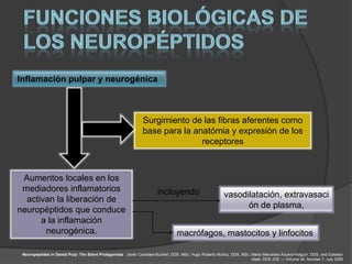 Inflamación pulpar y neurogénica



                                                               Surgimiento de las fibras aferentes como
                                                               base para la anatómia y expresión de los
                                                                              receptores



 Aumentos locales en los
 mediadores inflamatorios                                              incluyendo                         vasodilatación, extravasaci
  activan la liberación de
                                                                                                                ón de plasma,
neuropéptidos que conduce
      a la inflamación
       neurogénica.                                                              macrófagos, mastocitos y linfocitos

 Neuropeptides in Dental Pulp: The Silent Protagonists. Javier Caviedes-Bucheli, DDS, MSc, Hugo Roberto Muñoz, DDS, MSc, María Mercedes Azuero-Holguín, DDS, and Esteban
                                                                                                                         Ulate, DDS JOE — Volume 34, Number 7, July 2008
 