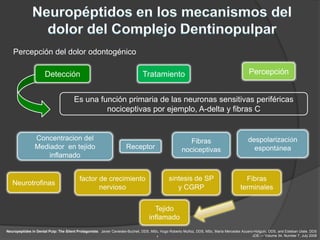 Percepción del dolor odontogénico

                     Detección                                                Tratamiento                                                  Percepción


                                      Es una función primaria de las neuronas sensitivas periféricas
                                               nociceptivas por ejemplo, A-delta y fibras C


                Concentracion del                                                                      Fibras                             despolarización
                Mediador en tejido                                  Receptor                        nociceptivas                            espontánea
                    inflamado


                                         factor de crecimiento                               síntesis de SP                             Fibras
   Neurotrofinas
                                                nervioso                                        y CGRP                                terminales


                                                                                   Tejido
                                                                                 inflamado
Neuropeptides in Dental Pulp: The Silent Protagonists. Javier Caviedes-Bucheli, DDS, MSc, Hugo Roberto Muñoz, DDS, MSc, María Mercedes Azuero-Holguín, DDS, and Esteban Ulate, DDS
                                                                                      ,                                                      JOE — Volume 34, Number 7, July 2008
 