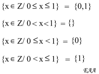 {x  Z/ 0  x  1} {0,1} {x  Z/ 0  x  1} < < {} {x  Z/ 0  x  1} < {0} {x  Z/ 0  x  1} < {1} = = = = EAA 