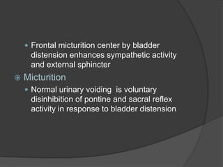  Frontal micturition center by bladder
     distension enhances sympathetic activity
     and external sphincter
   Micturition
     Normal urinary voiding is voluntary
     disinhibition of pontine and sacral reflex
     activity in response to bladder distension
 