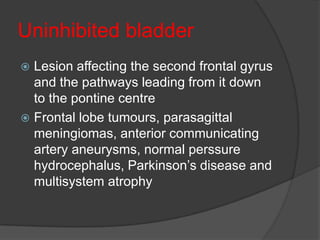 Uninhibited bladder
 Lesion affecting the second frontal gyrus
  and the pathways leading from it down
  to the pontine centre
 Frontal lobe tumours, parasagittal
  meningiomas, anterior communicating
  artery aneurysms, normal perssure
  hydrocephalus, Parkinson’s disease and
  multisystem atrophy
 