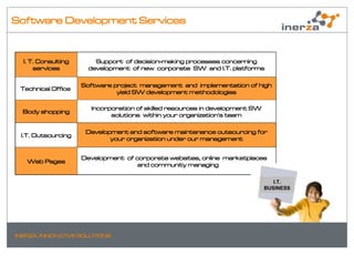 Software Development Services



  I. T. Consulting       Support of decision-making processes concerning
      services         development of new corporate SW and I.T. platforms

                     Software project management and implementation of high
 Technical Office
                               yield SW development methodologies

                       Incorporation of skilled resources in development SW
  Body shopping
                             solutions within your organization's team

                      Development and software maintenance outsourcing for
 I.T. Outsourcing
                             your organization under our management


                     Development of corporate websites, online marketplaces
   Web Pages
                                     and community managing

                                                                                 I.T.
                                                                              BUSINESS




INERZA. INNOVATIVE SOLUTIONS
 